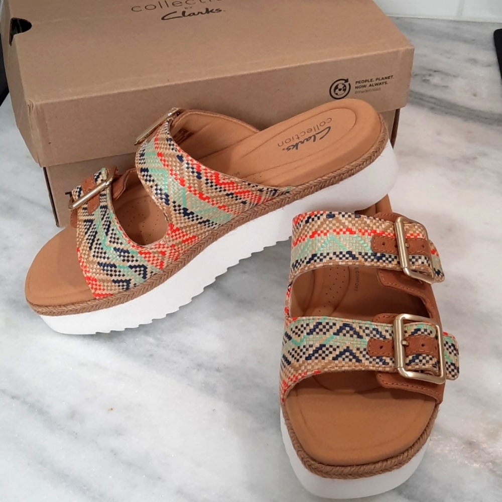 Clarks Multicolor Woven Buckle Platform Sandals